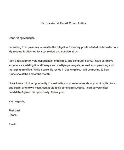 Cover letter via e mail